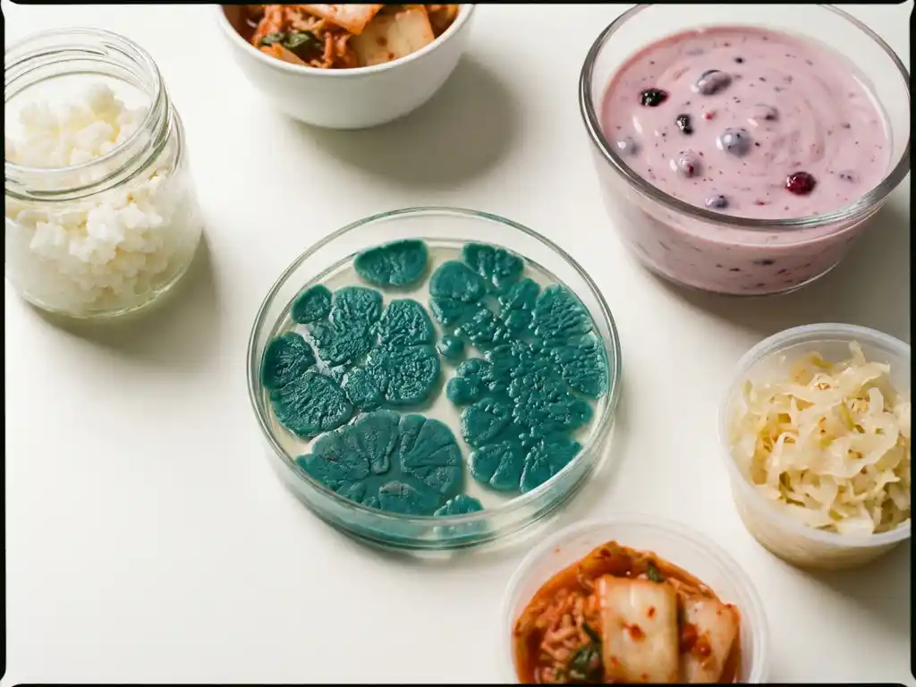 Petri dish with teal bacterial colonies next to probiotic foods including yogurt, kefir grains, and fermented vegetables.