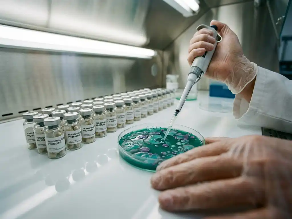 Scientist pipetting sample into petri dish with teal bacterial cultures, probiotic capsules in vials nearby in laboratory