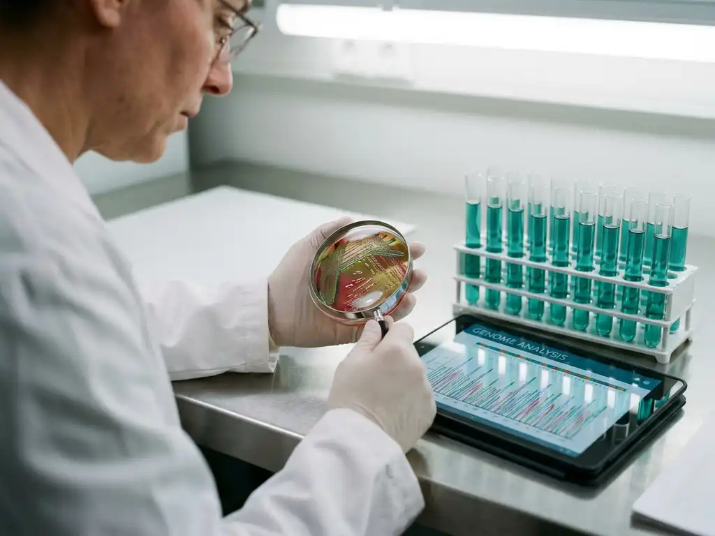 Scientist in lab coat examining bacterial cultures in petri dish with DNA data on tablet and test tubes nearby
