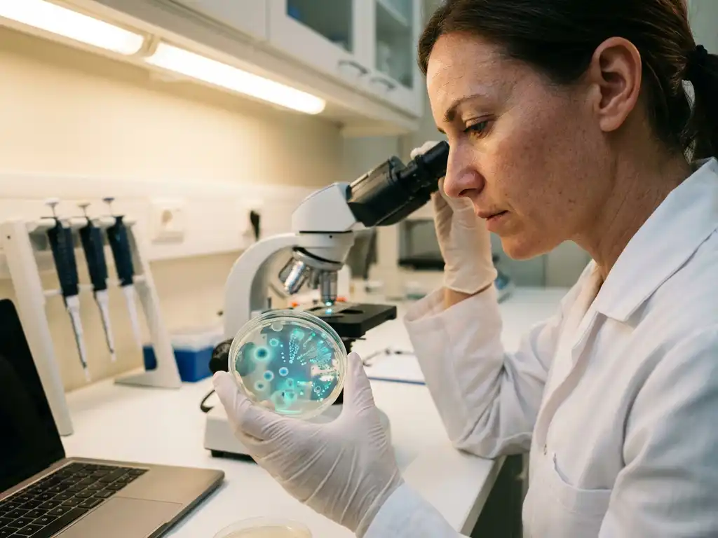 Scientist in lab coat examining glowing teal bacterial cultures in petri dish with microscope and equipment in background.