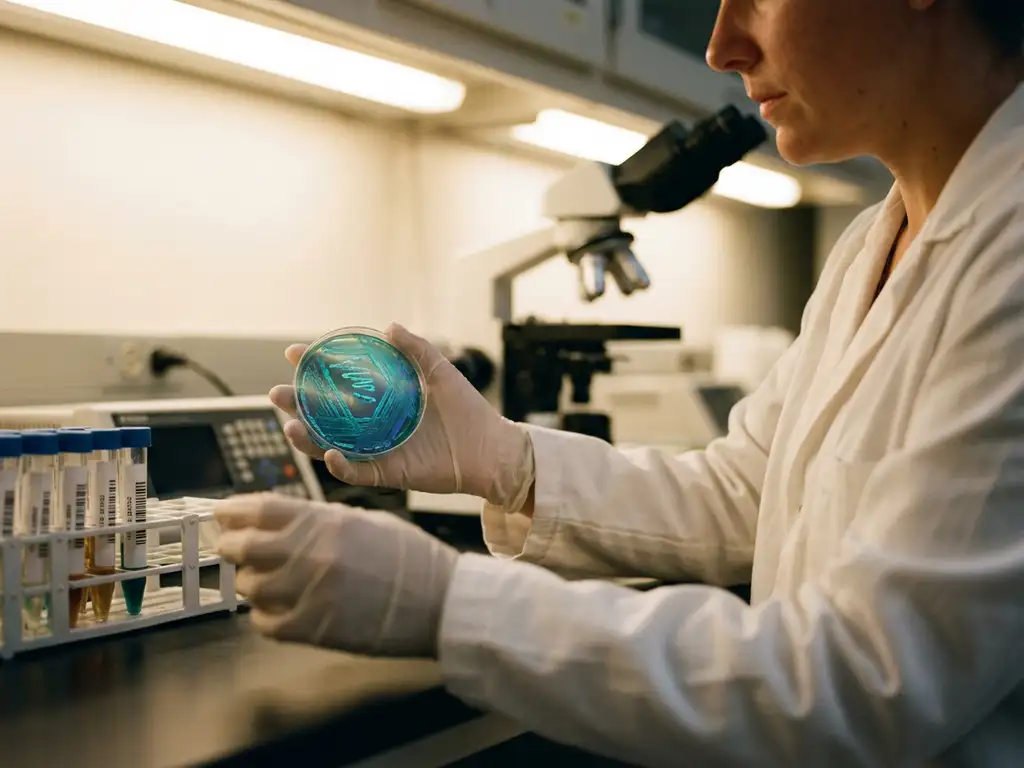 Scientist in lab coat examining petri dish with glowing teal bacterial cultures on laboratory bench with test tubes and microscope equipment