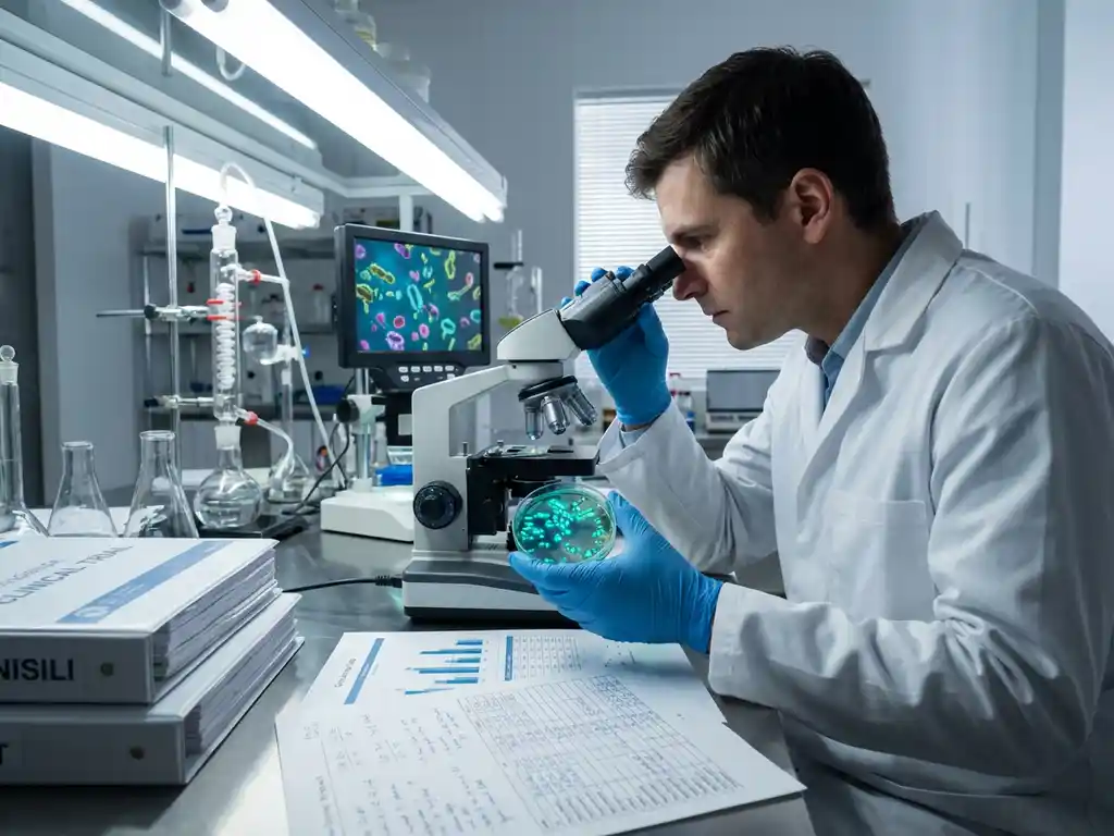 Scientist examining glowing teal bacterial cultures in petri dish at laboratory bench with microscope and research documents