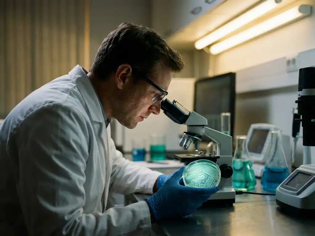 Scientist examining petri dish with teal-green bacterial cultures under microscope lighting in modern laboratory