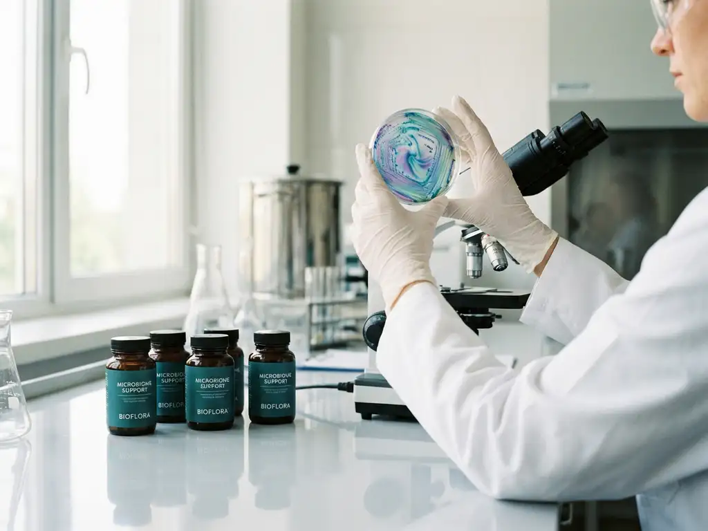 Scientist examining colorful bacterial cultures in petri dish in laboratory with supplement bottles and microscope equipment