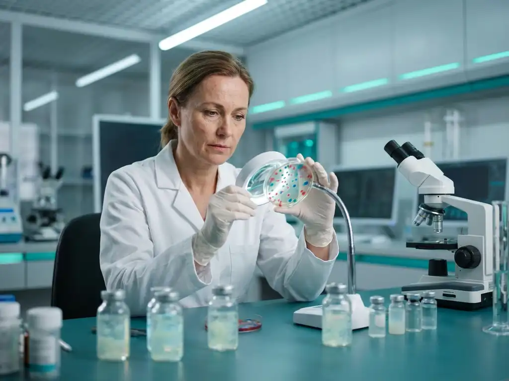 Scientist examining colorful bacterial cultures in petri dish at modern laboratory bench with microscopes and research equipment