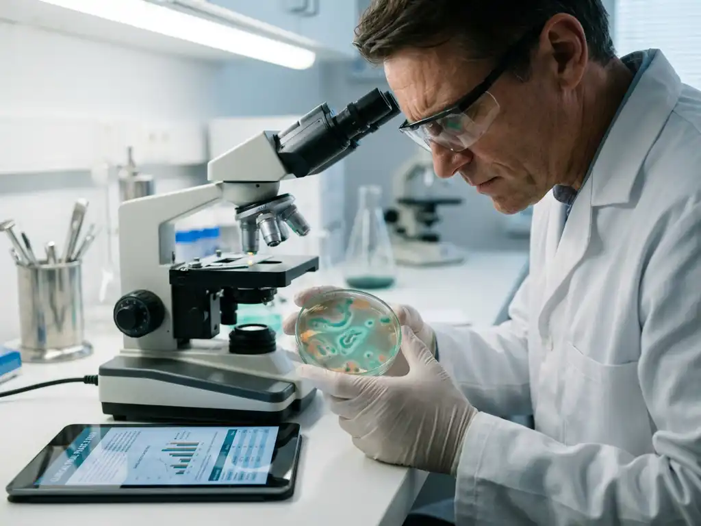Scientist in white lab coat examining petri dish with teal bacterial cultures in sterile laboratory with digital tablet nearby