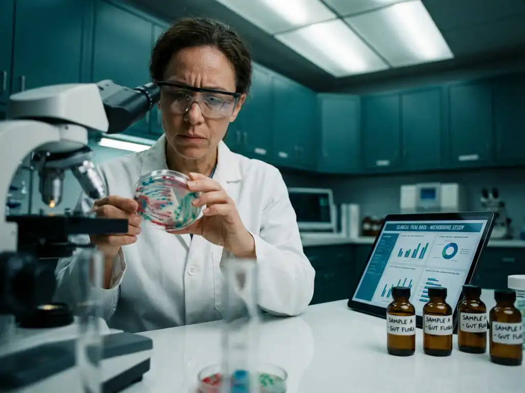 Scientist examining colorful bacterial cultures in petri dish at laboratory bench with digital tablet and microbiome samples