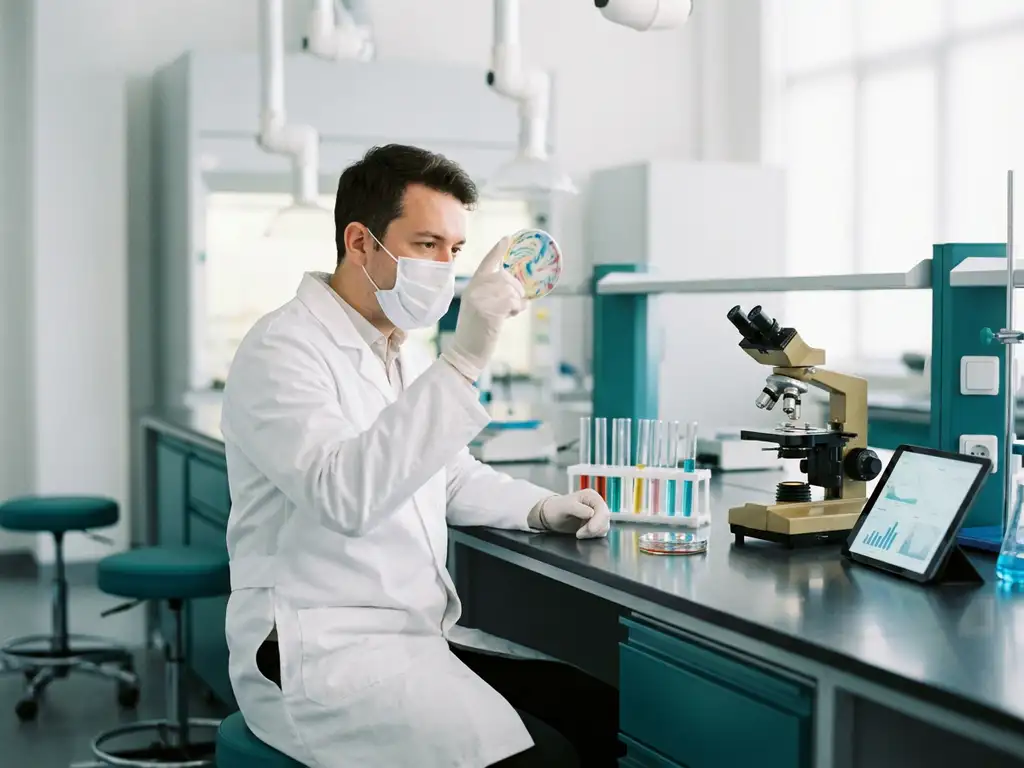 Scientist in white lab coat examining colorful bacterial cultures in petri dish at laboratory bench with microscope and test tubes