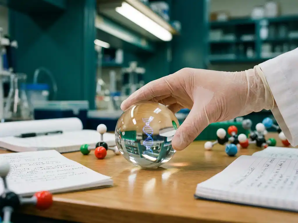 Scientist's hand holding glass sphere containing DNA double helix structure on laboratory bench with research papers