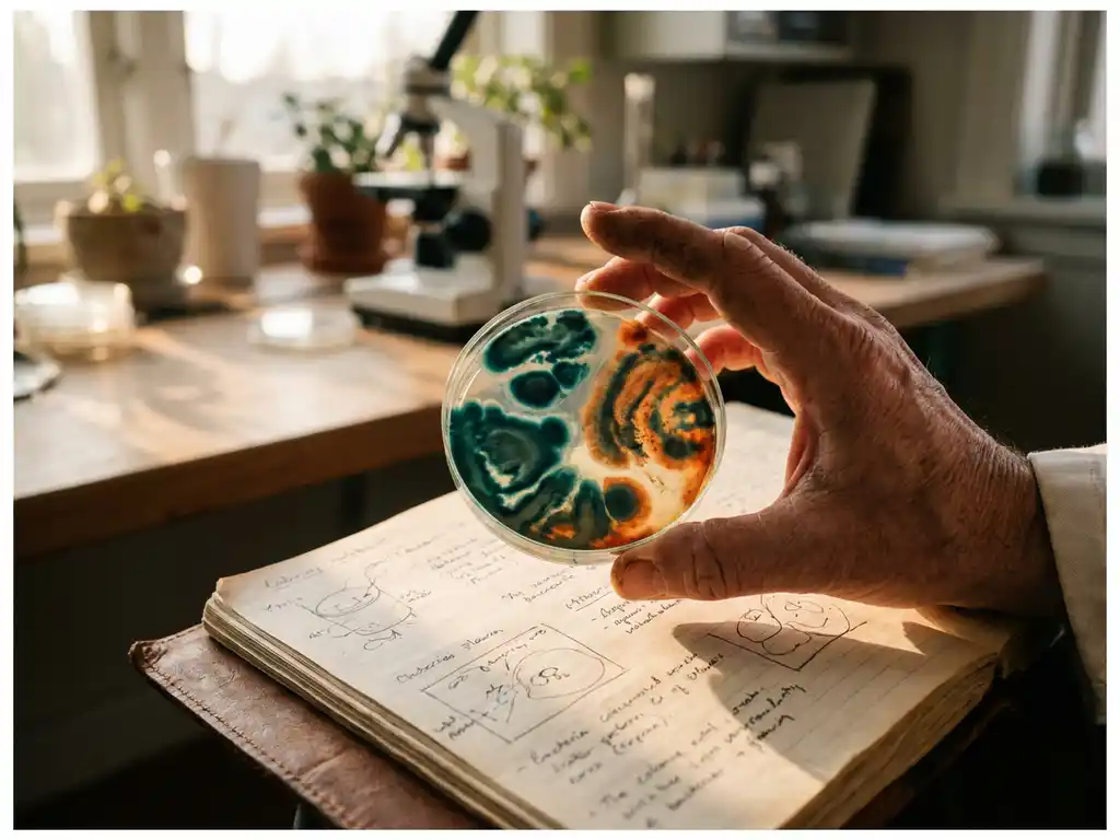 Scientist holding petri dish with teal and orange bacterial cultures over laboratory notebook with research notes