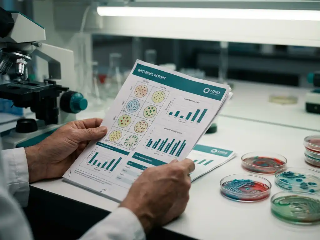 Scientist holding laboratory report with bacterial colony charts and data graphs on lab bench with microscope and petri dishes