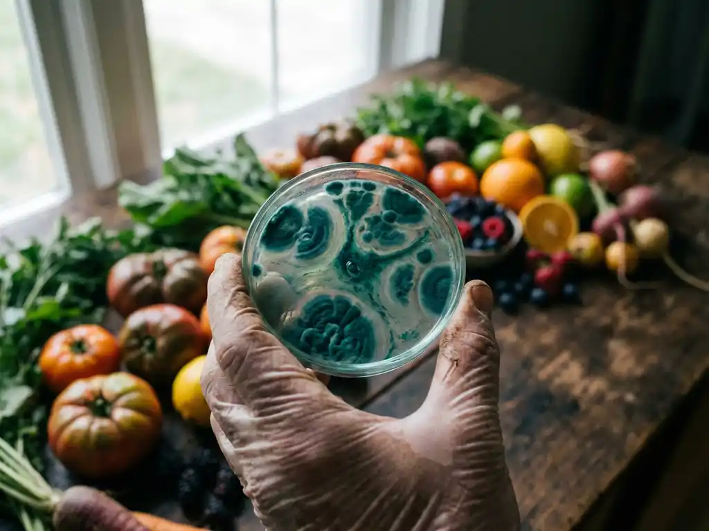 Scientist holding petri dish with teal bacterial cultures above wooden table with fresh fruits and vegetables