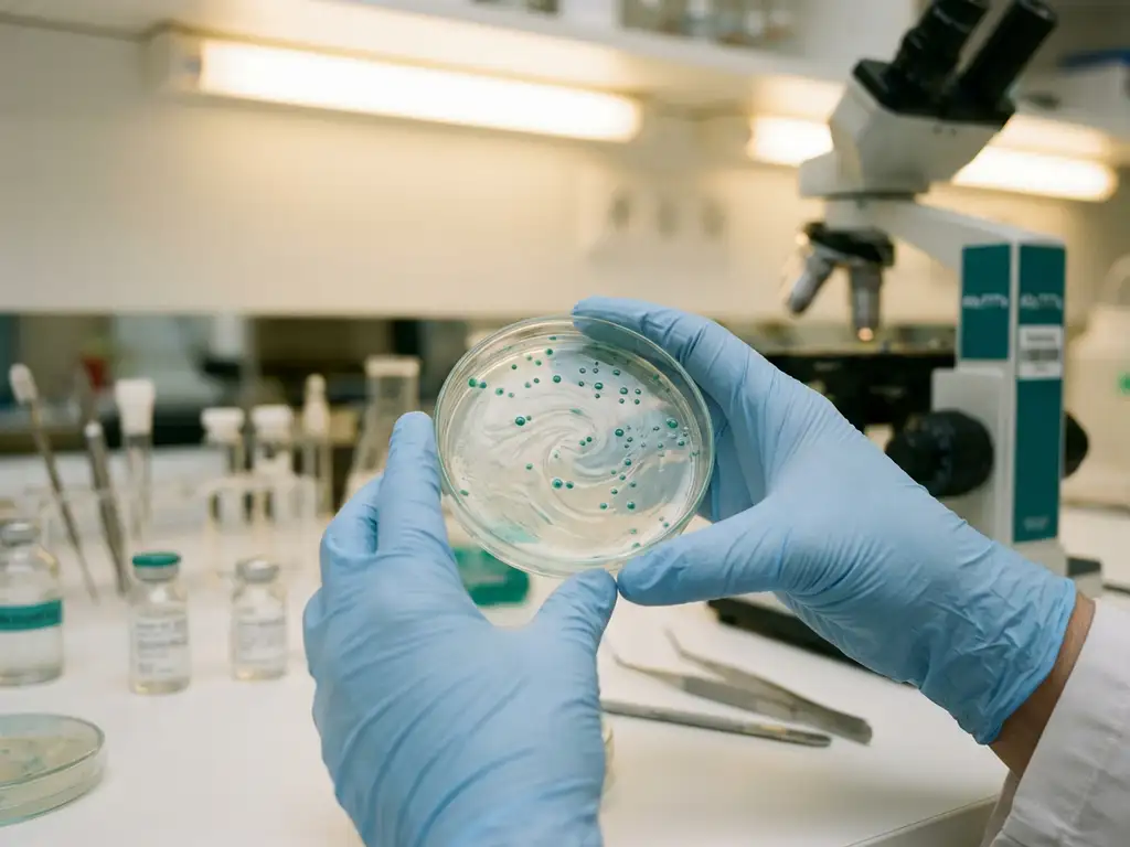 Scientist in latex gloves holding petri dish with teal-green bacterial cultures in laboratory with testing equipment