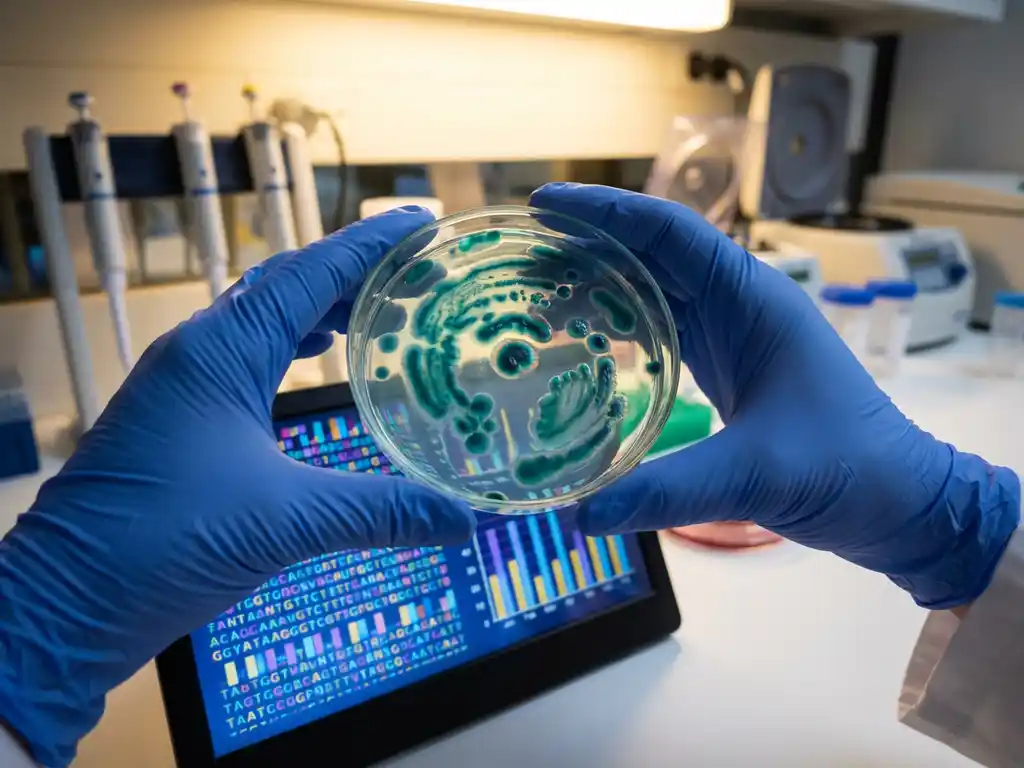 Scientist's gloved hands holding petri dish with teal bacterial colonies over DNA sequencing readout in laboratory