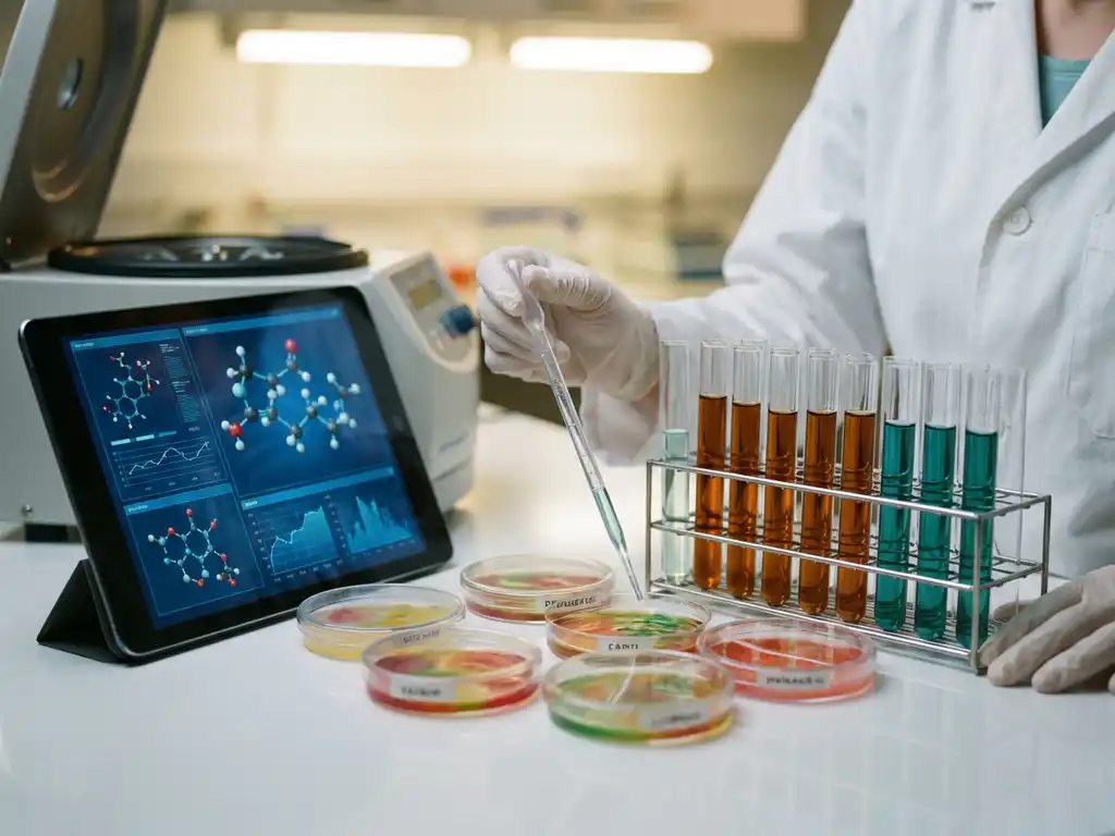 Scientist pipetting samples into petri dishes with colorful bacterial cultures and test tubes on laboratory bench