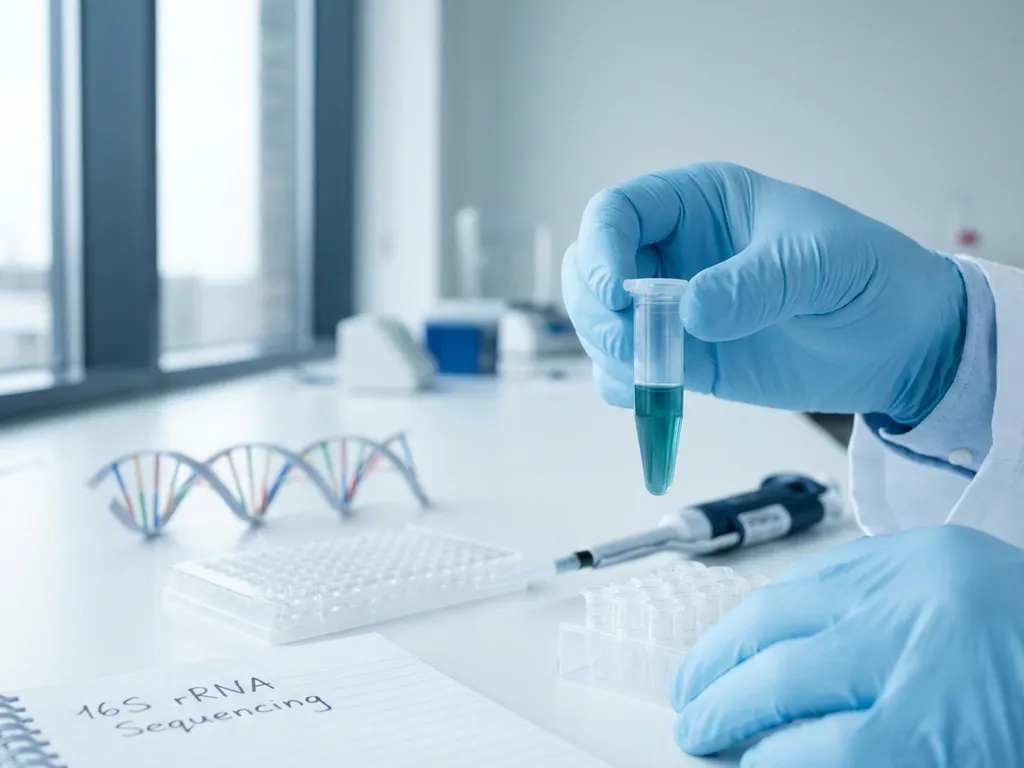 Gloved researcher holds teal-blue microcentrifuge tube above pipette and sterile rack, 16S rRNA sequencing lab bench