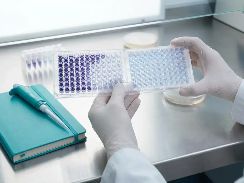 Gloved scientist holds 96-well plate to light, two color-intensity groups; teal notebook and pipette on lab bench