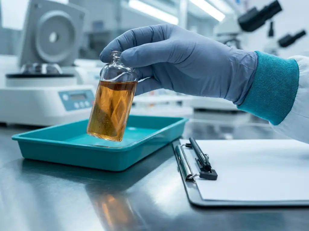 Gloved hand holds vial of amber liquid with suspended particles beside lab inspection clipboard on sterile bench