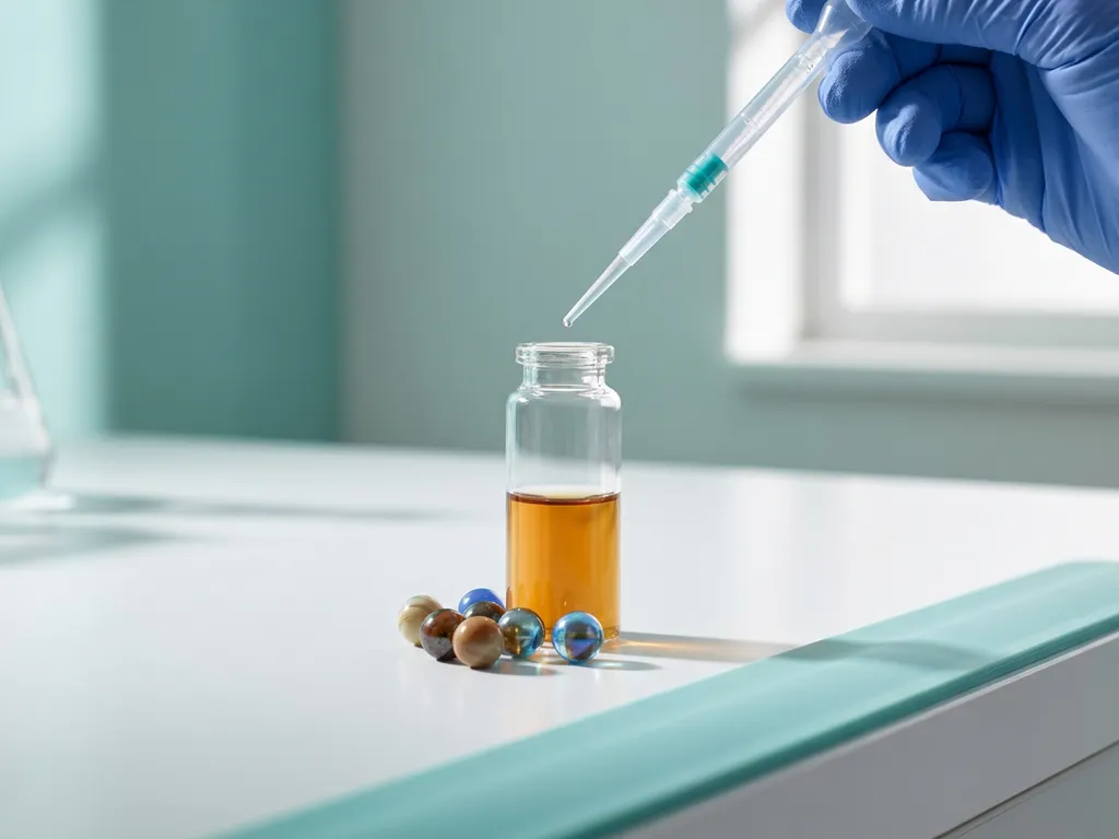 Glass vial of amber liquid on lab bench with gloved hand using micropipette, microbiome beads, teal accents, preclinical assay