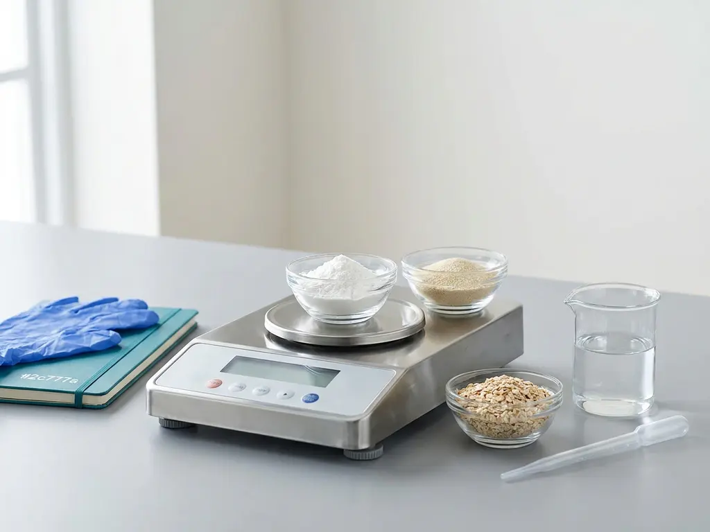 Analytical balance on lab bench with glass bowls of fiber powders, beaker of water, pipette, teal notebook, gloves