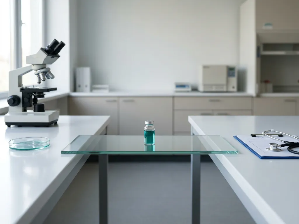 Teal liquid vial on a clear glass bridge between lab bench and clinical desk, linking biomedical research and patient care