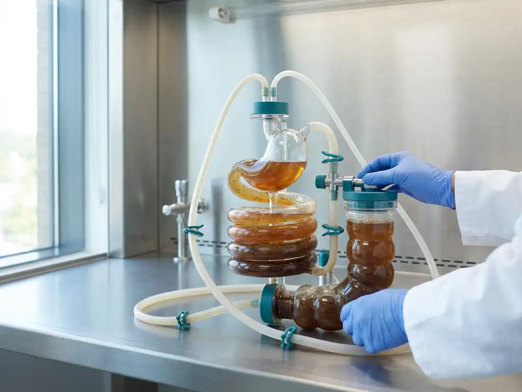 Clear benchtop bioreactor mimicking GI tract on preclinical lab bench, amber fluid in tubing, gloved hands adjust valve