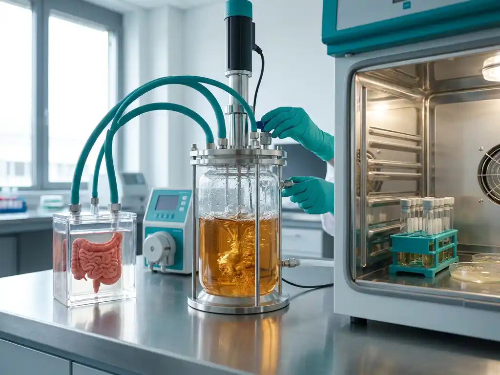 Glass bioreactor with amber fermentation broth linked to gut tissue sample, culture tubes in incubator, modern microbiology lab