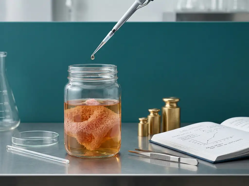 Glass bioreactor jar with gut tissue scaffold as micropipette adds droplet to amber culture medium on preclinical lab bench