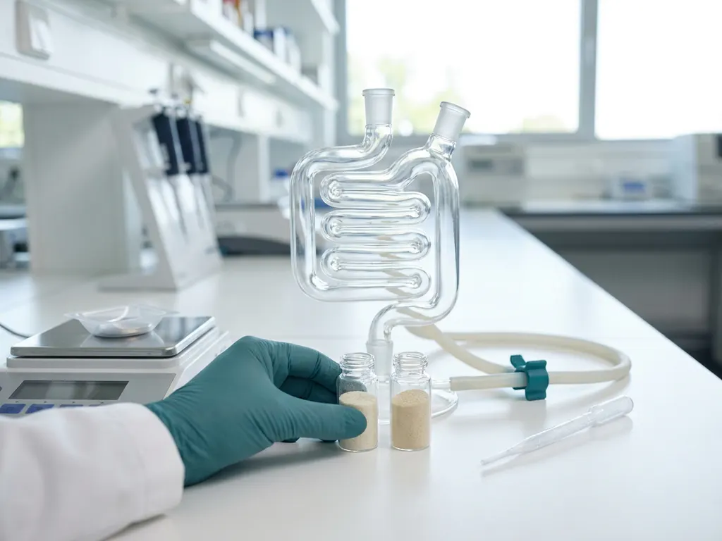 Glass bioreactor shaped like an intestinal loop with two prebiotic powder vials for testing, gloved hands in microbiology lab