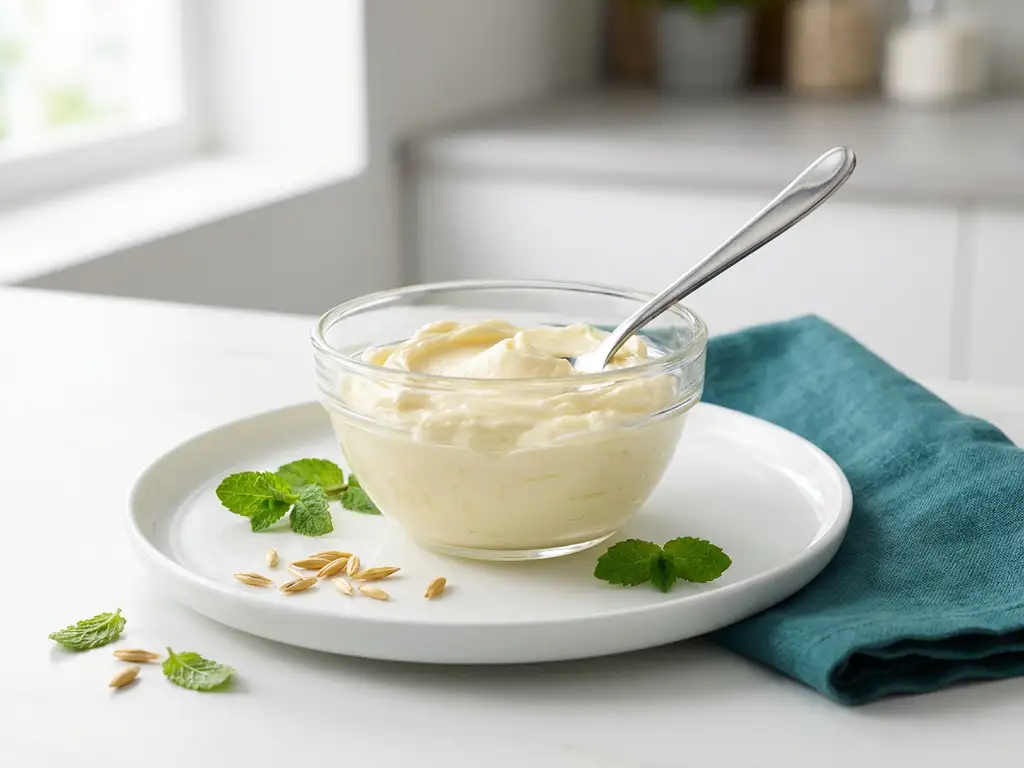 Glass bowl of creamy pale-yellow butter-like short-chain fatty acid with spoon, mint and oats on white plate, teal napkin
