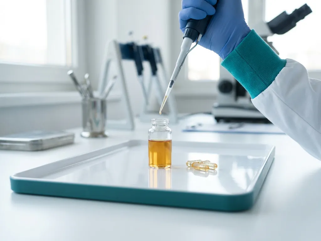 Gloved hand with micropipette dosing amber liquid in glass vial beside supplement capsules on clinical lab bench