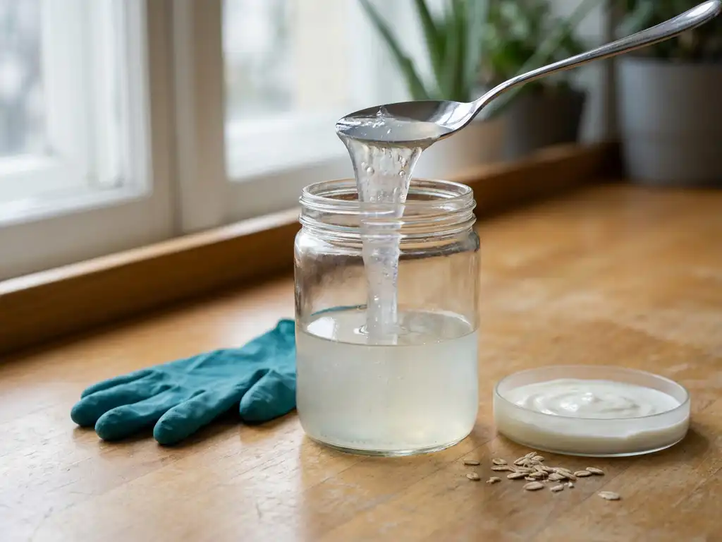 Fermentation jar with gel-like fiber lifted by spoon, bubbles, yogurt culture dish, oat fibers, teal nitrile glove on counter