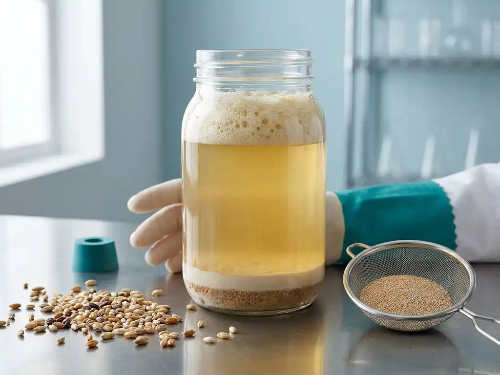 Fermentation jar with foamy krausen on lab bench, yeast granules in strainer beside mixed grains, teal lab accents