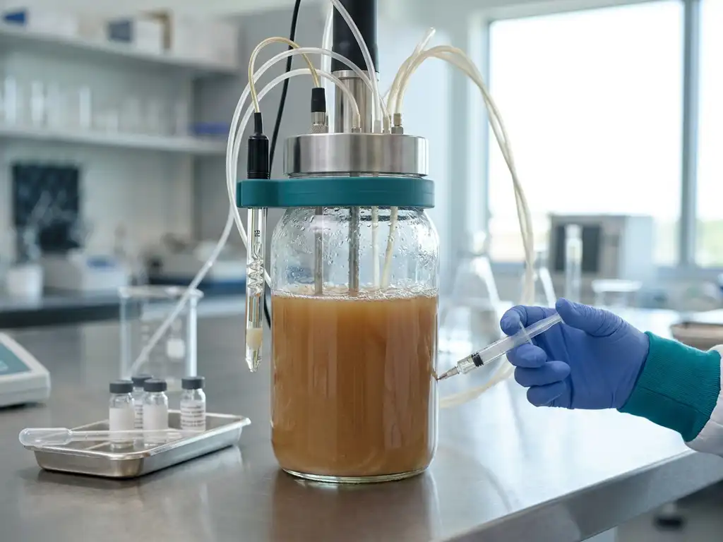 Lab fermenter jar with bubbling gut microbe culture, pH probe and tubing, gloved hand with syringe sampling on bench
