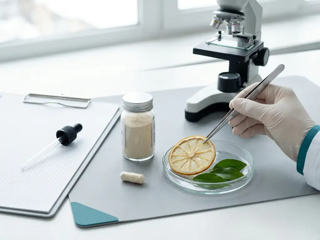 Functional food capsule and powdered supplement jar on lab bench as gloved researcher uses tweezers by microscope, petri dish fruit slice