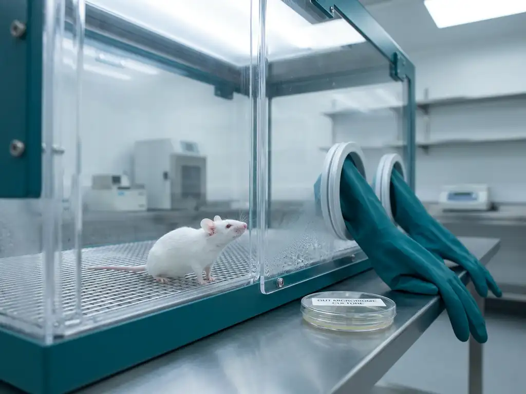 Germ-free lab mouse in sterile isolator beside gut microbiome petri dish beyond barrier, teal accents on clinical bench