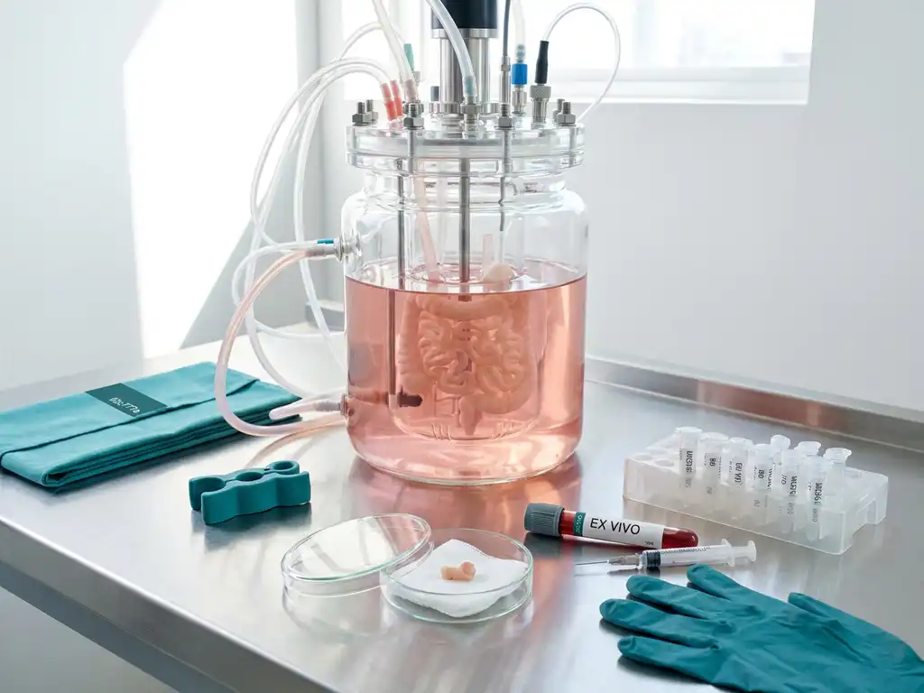 Glass gut-model bioreactor on lab bench with petri dish biopsy, blood tube and syringe, and microtube rack for testing