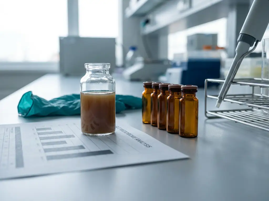 Glass vial of gut fermentation sample on lab bench with chromatography vials, micropipette, and teal nitrile glove in soft light