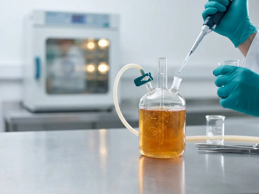 Ex vivo gut fermentation vessel with amber culture medium as gloved hand pipettes HMO solution in clinical lab setting