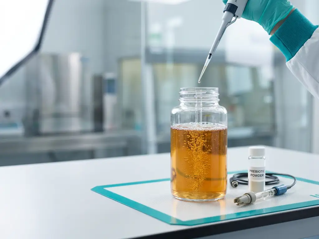 Ex vivo gut fermentation vessel with amber culture media, bubbles, gloved micropipette, pH probe, and prebiotic vial on lab bench
