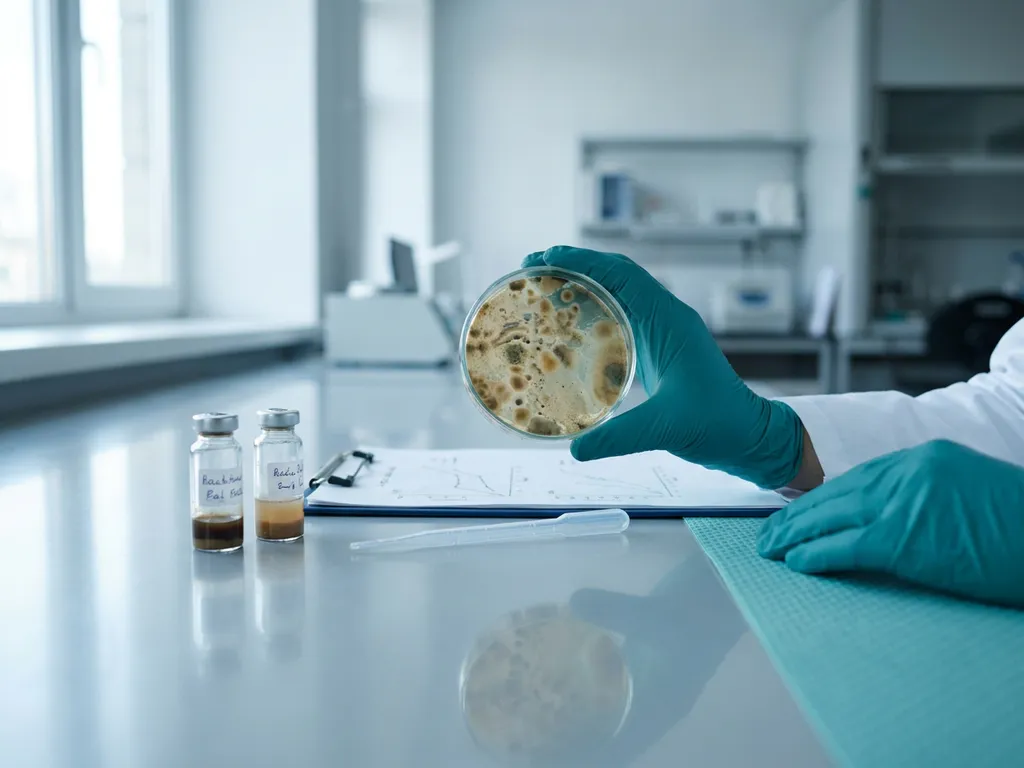 Gloved researcher holds petri dish gut microbiome culture above two sample vials and lab clipboard in modern lab close-up.