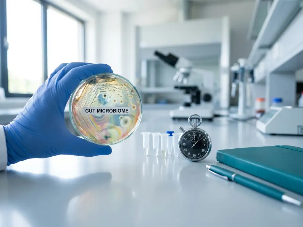 Gloved scientist holding petri dish with gut microbiome culture above lab bench with sample tubes and stopwatch