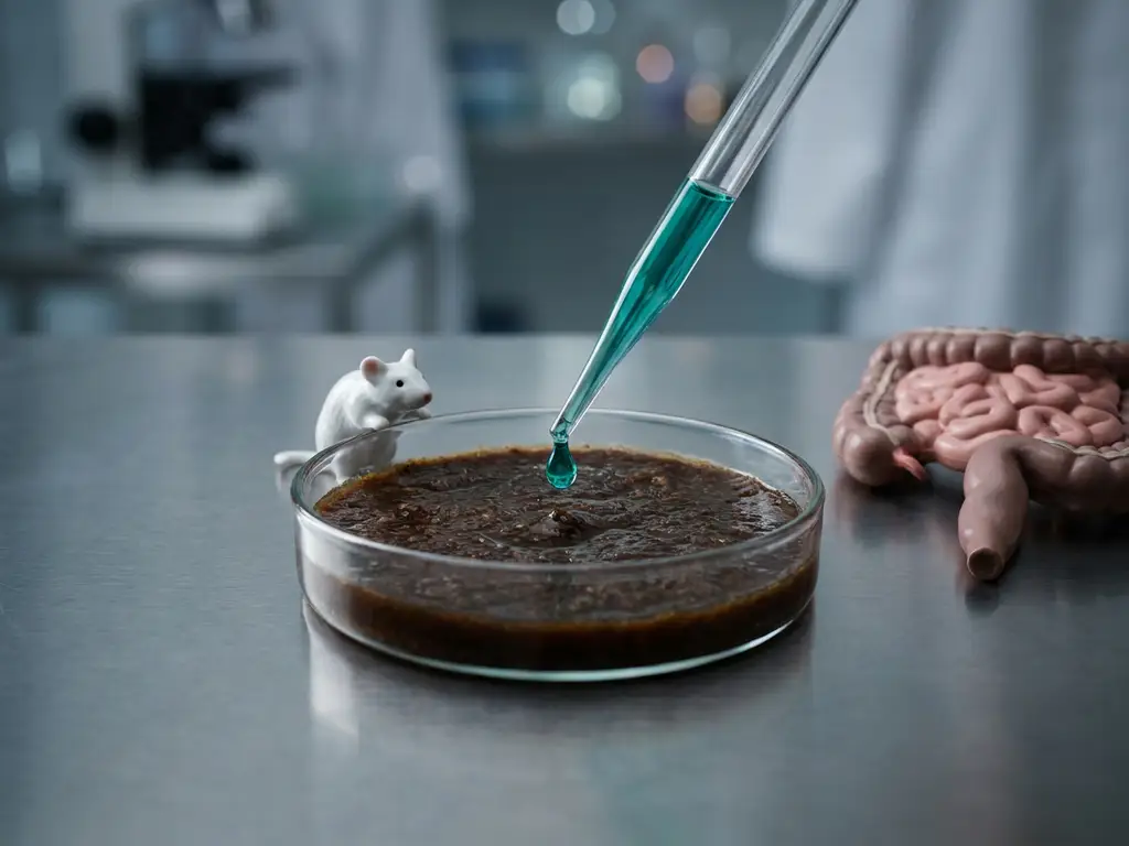 Teal droplet pipetted into gut microbiome culture in Petri dish, with mouse figurine and intestine model on lab bench