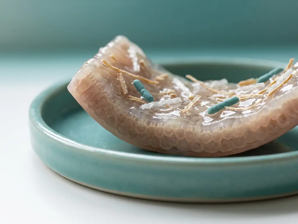 Intestinal lining cross-section with mucus layer, prebiotic oat fiber and inulin, friendly microbes, teal lab backdrop