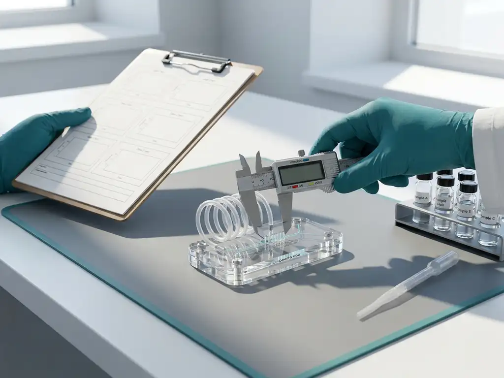 Microfluidic gut-on-a-chip device on lab bench as gloved clinician measures with caliper, vials and pipette nearby