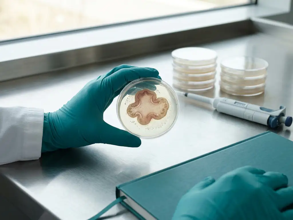 Gloved scientist holds petri dish with intestinal organoid cross-section and probiotic colonies on lab bench, teal notebook nearby