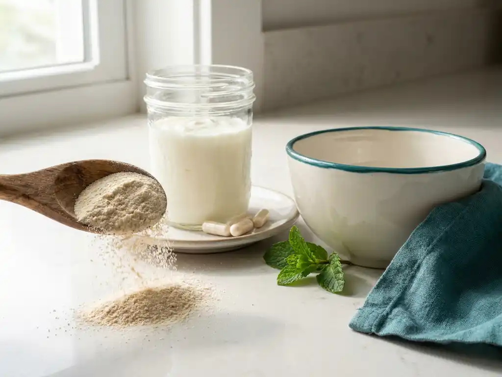 Wooden spoon spilling inulin powder beside yogurt jar with probiotic capsules, mint, and teal linen napkin on countertop