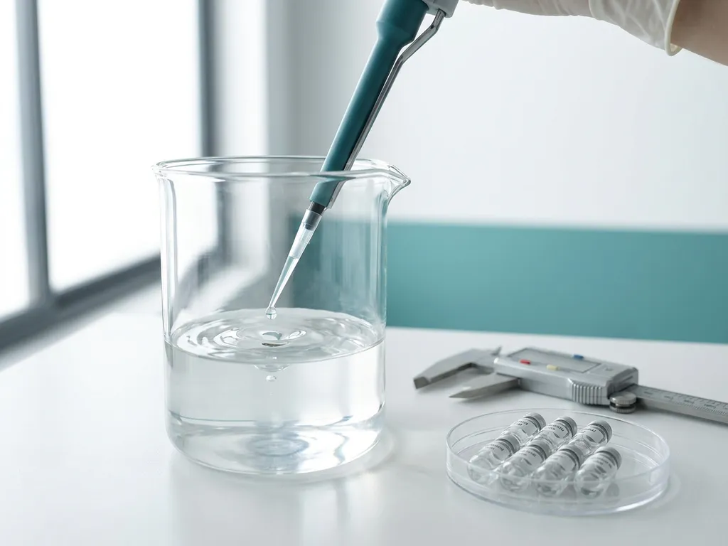 Teal pipette dispensing droplet into gel-filled glass beaker on modern lab bench with caliper, petri dish, and vials