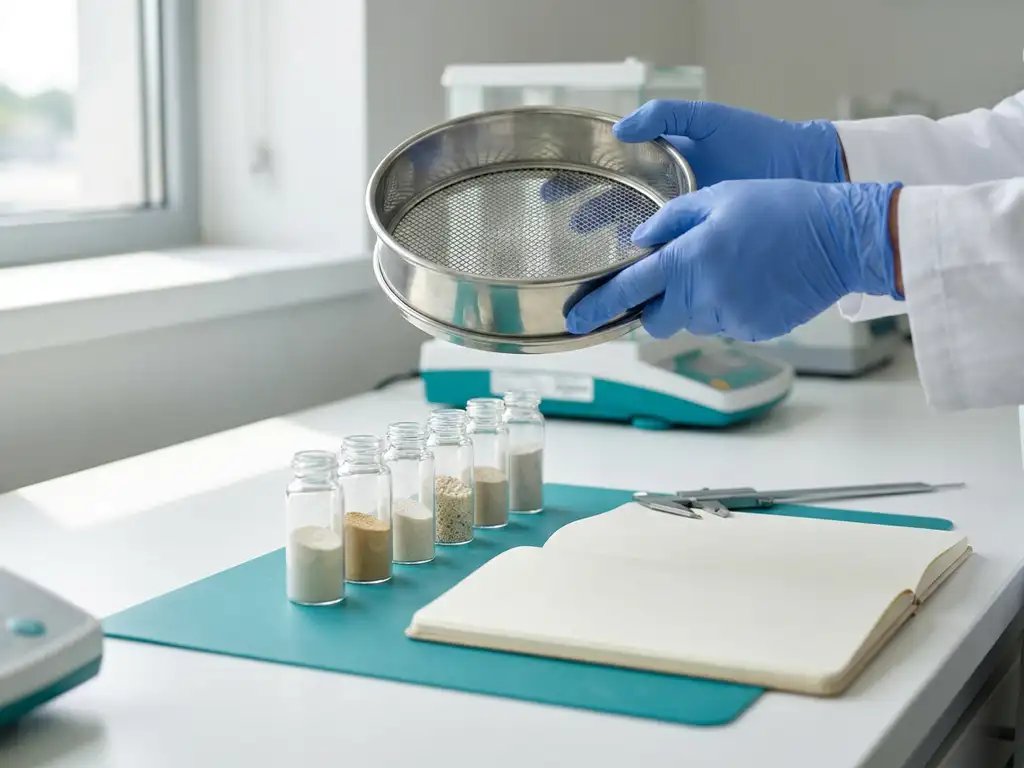 Gloved scientist holds lab sieve over glass vials of powders on pharmaceutical R&D bench with caliper and notebook in teal lab setting