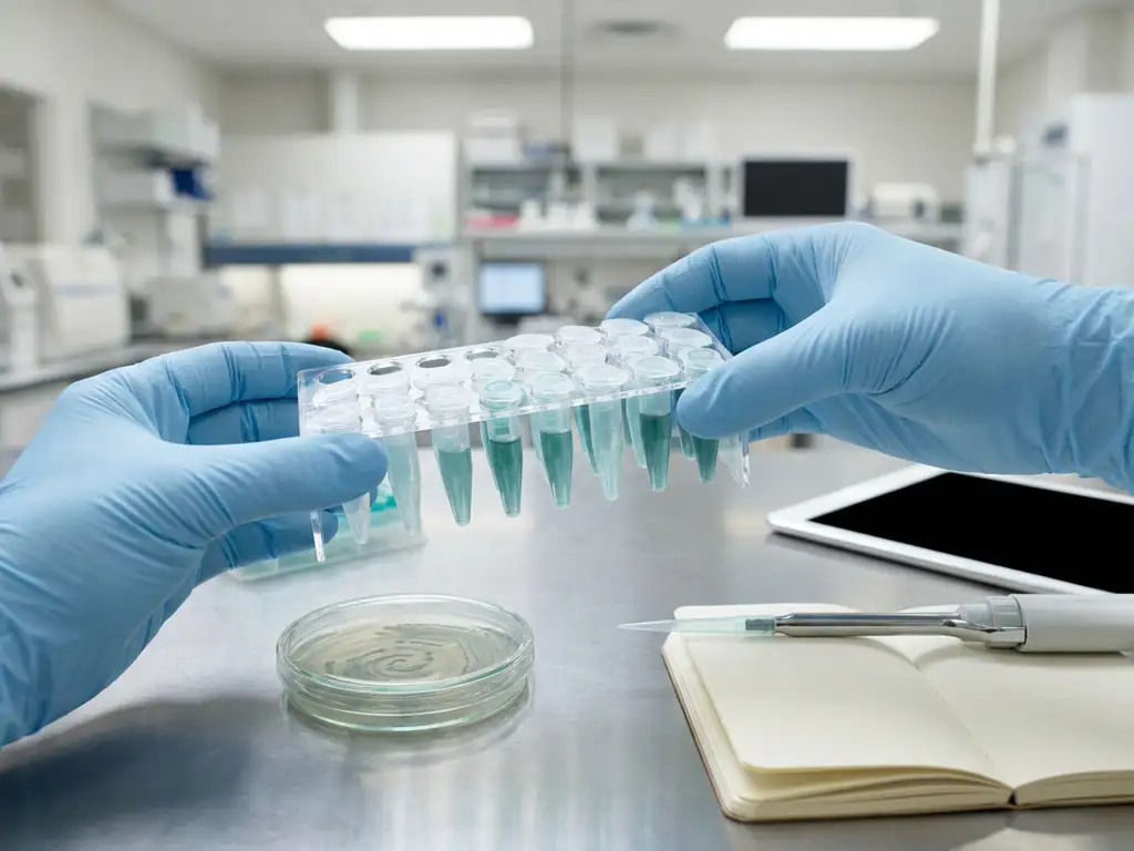 Gloved researcher holding microcentrifuge tube rack with teal samples on lab bench with Petri dish and pipette in microbiology lab